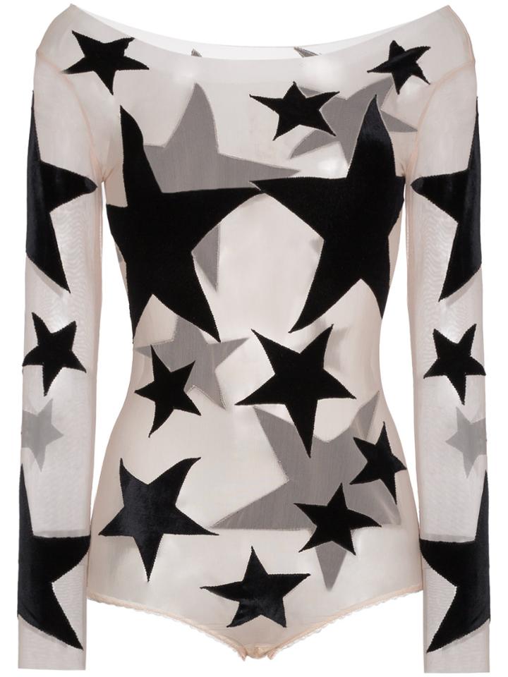 Alexia Hentsch Silk Star Print Appliqué Bodysuit - Nude & Neutrals