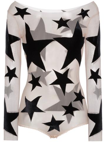Alexia Hentsch Silk Star Print Appliqué Bodysuit - Nude & Neutrals