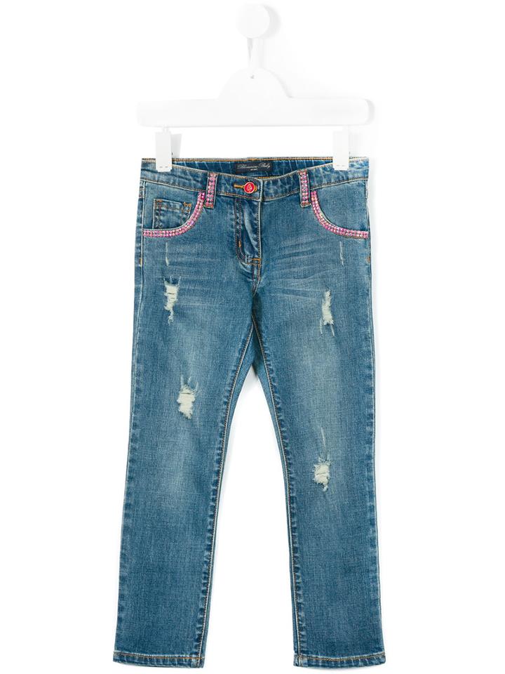 Miss Blumarine - Distressed Jeans - Kids - Cotton/polyester/spandex/elastane - 24 Mth, Blue