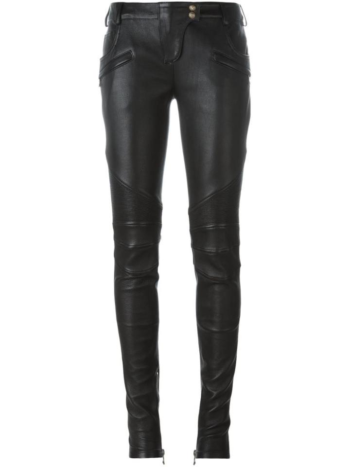 Balmain Skinny Biker Jeans, Women's, Size: 40, Black, Cotton/lamb Skin/spandex/elastane