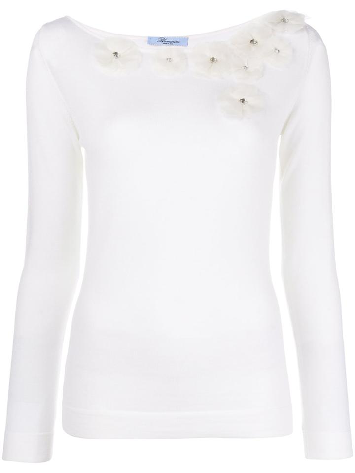 Blumarine Round Neck Floral Embellished Knit Top - White