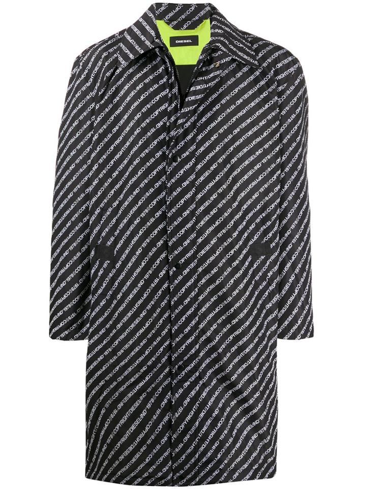 Diesel Logo Print Hooded Coat - Black