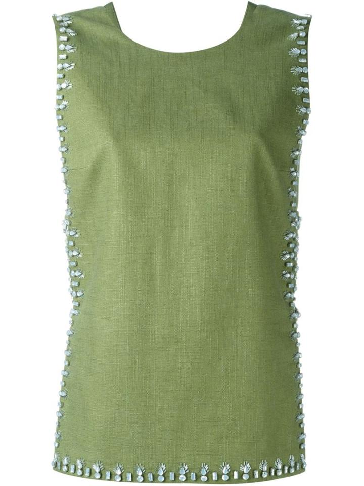 Tory Burch Embellished Tank Top, Women's, Size: 4, Green, Linen/flax/viscose/polyester