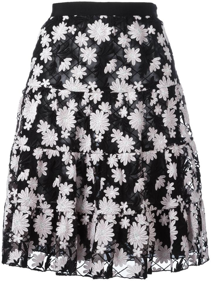 Giambattista Valli Embroidered Flower Skirt, Women's, Size: 46, Black, Cotton/polyacrylic/polyimide/cotton