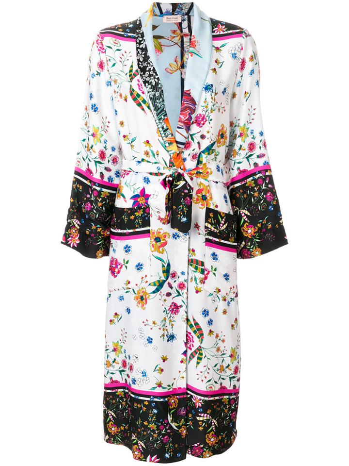 Black Coral Floral Kimono Duster Coat - Multicolour