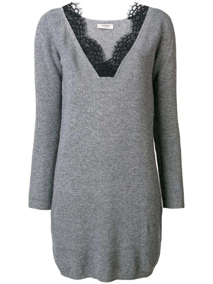Twin-set Lace Trim Sweater Dress - Grey