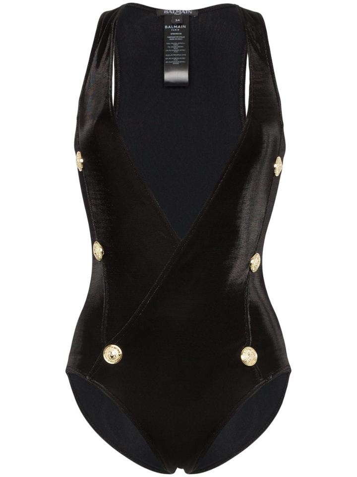 Balmain Plunge-neck Buttoned Swimsuit - Black