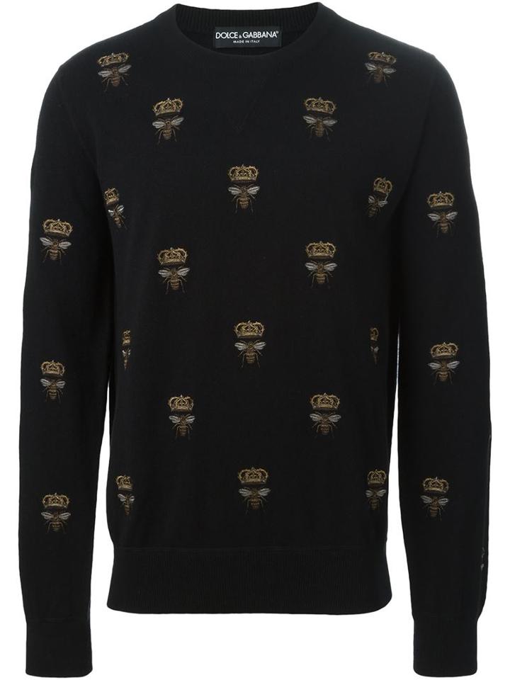 Dolce & Gabbana Crown & Bee Embroidered Sweater, Men's, Size: 46, Black, Cashmere