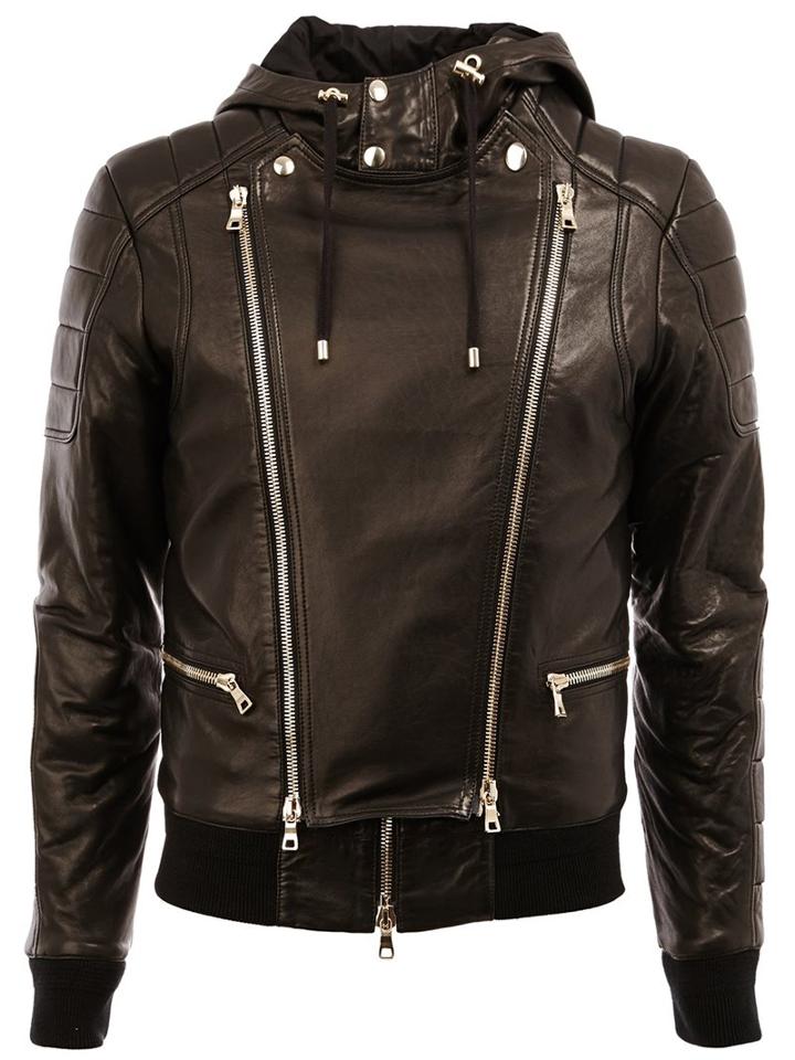 Balmain Hooded Biker Jacket, Men's, Size: 46, Black, Cotton/lamb Skin