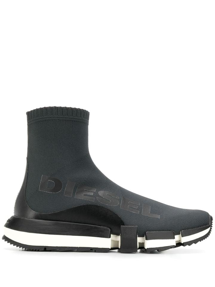Diesel Logo Print Sock Trainers - Grey