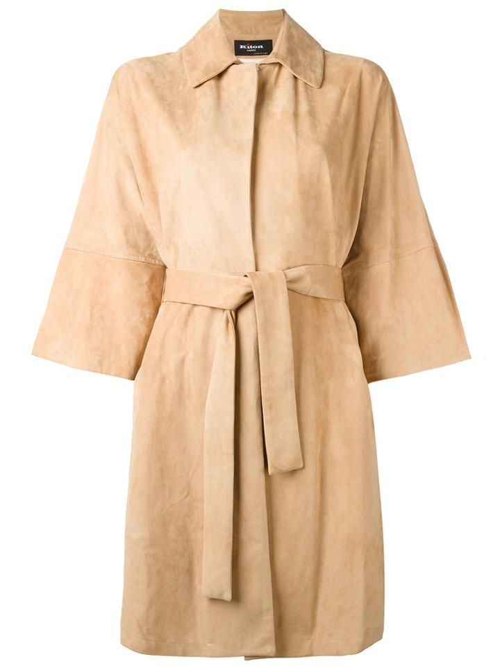 Kiton Belted Leather Coat, Women's, Size: 42, Brown, Lamb Skin
