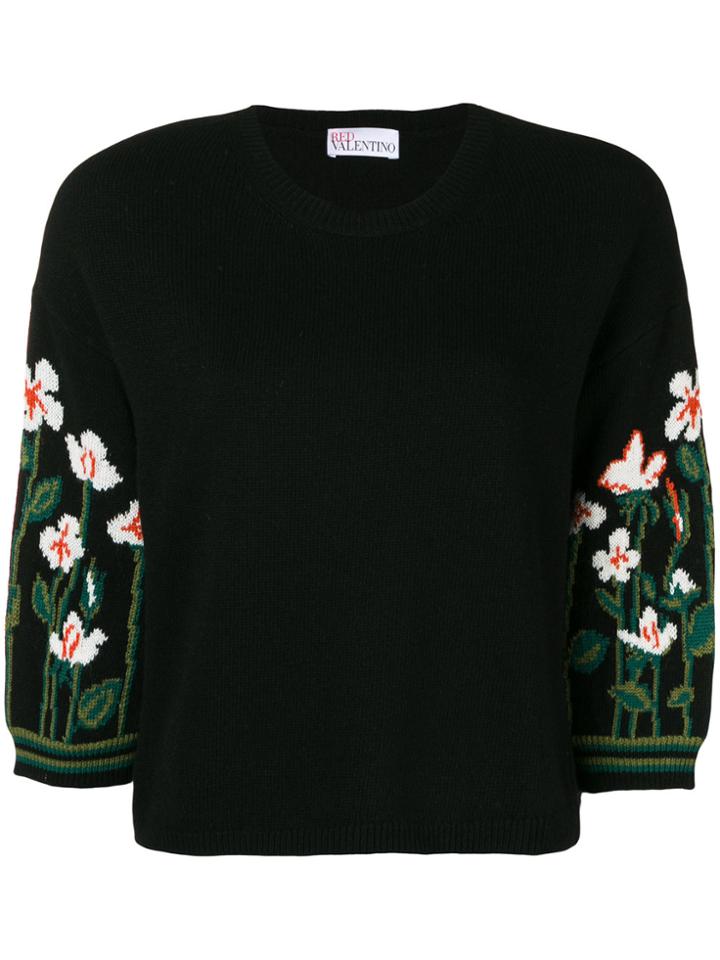 Red Valentino Floral Three-quarter Sleeve Sweater - Black