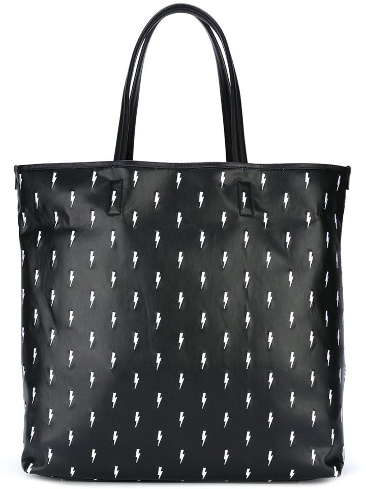 Neil Barrett Embroidered Lightning Bolt Tote, Men's, Black, Leather