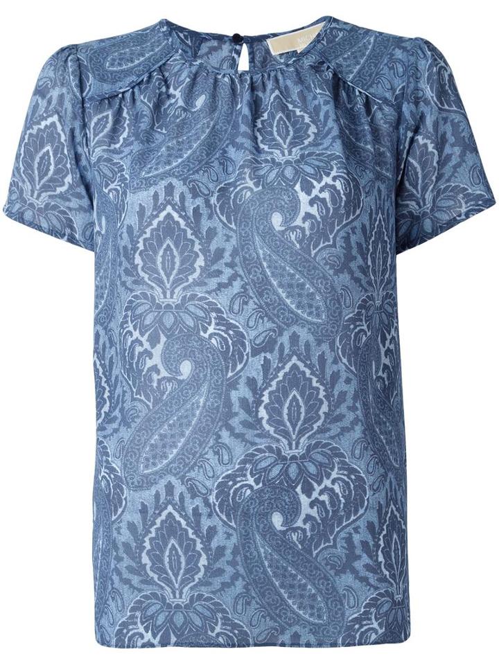 Michael Michael Kors Printed Shortsleeved Blouse, Women's, Size: Small, Blue, Polyester