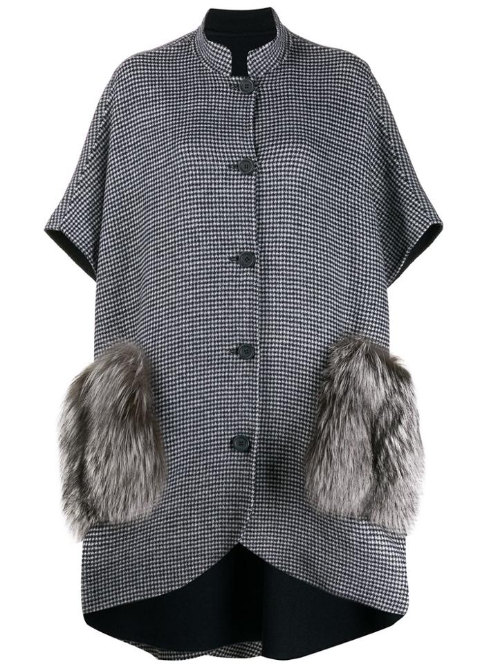 Liska Button Down Checked Cape - Grey