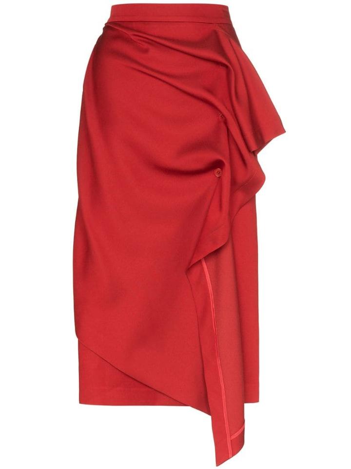 Pushbutton Draped Midi Skirt - Red