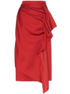 Pushbutton Draped Midi Skirt - Red