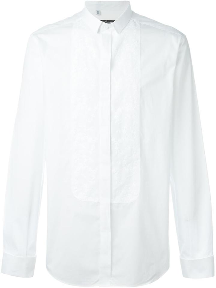 Dolce & Gabbana Floral Embroidered Bib Shirt, Men's, Size: 42, White, Cotton
