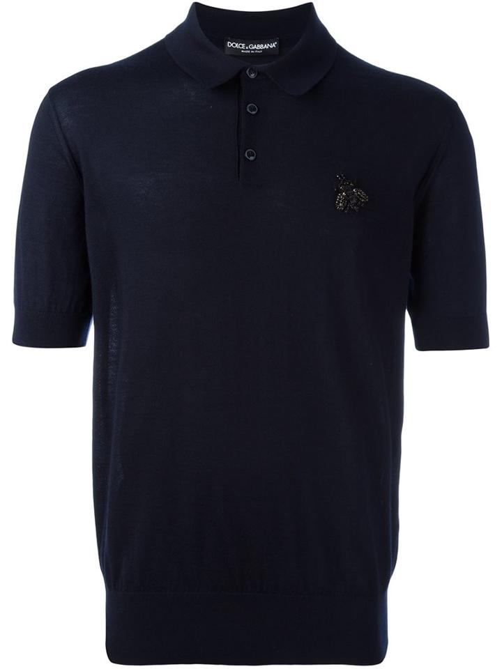 Dolce & Gabbana Bee Appliqué Knit Polo Shirt, Men's, Size: 50, Blue, Polyester/crystal/cashmere/glass