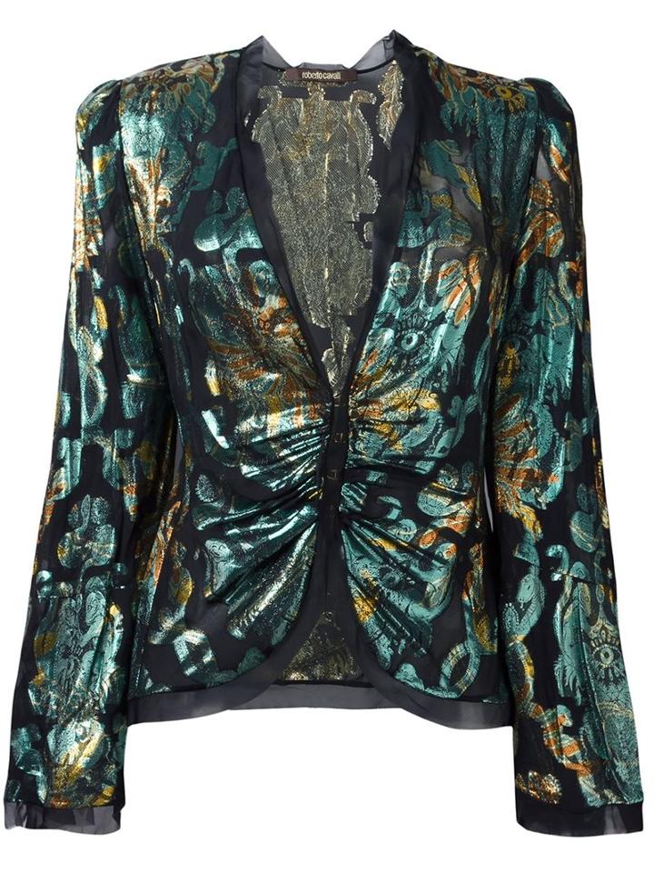 Roberto Cavalli Gathered Jacquard Blouse, Women's, Size: 40, Black, Silk/metallic Fibre