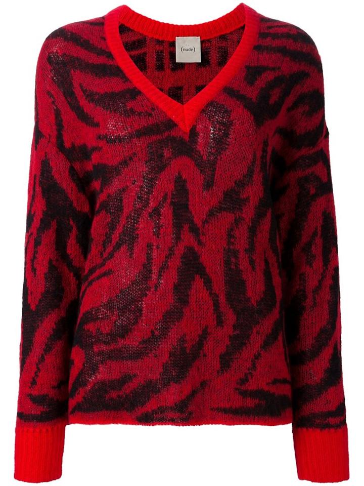 Nude Animal Print V-neck Pullover, Women's, Size: 44, Red, Polyamide/wool/alpaca