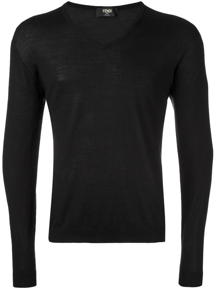 Fendi V-neck Jumper, Men's, Size: 46, Black, Silk/cashmere/wool