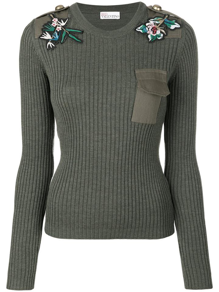 Red Valentino - Floral Patches Ribbed Jumper - Women - Silk/cotton/viscose/virgin Wool - S, Green, Silk/cotton/viscose/virgin Wool