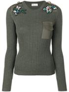 Red Valentino - Floral Patches Ribbed Jumper - Women - Silk/cotton/viscose/virgin Wool - S, Green, Silk/cotton/viscose/virgin Wool