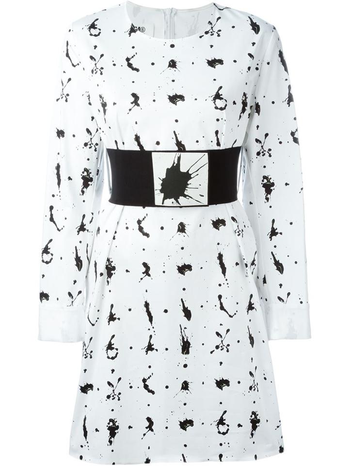 Mm6 Maison Margiela Belted Paint Splatter Dress, Women's, Size: 44, White, Cotton/spandex/elastane/viscose