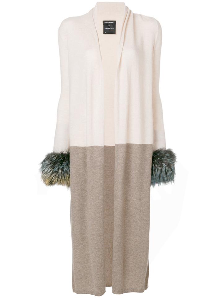 Izaak Azanei Fur Cuffed Longline Cardigan - Nude & Neutrals