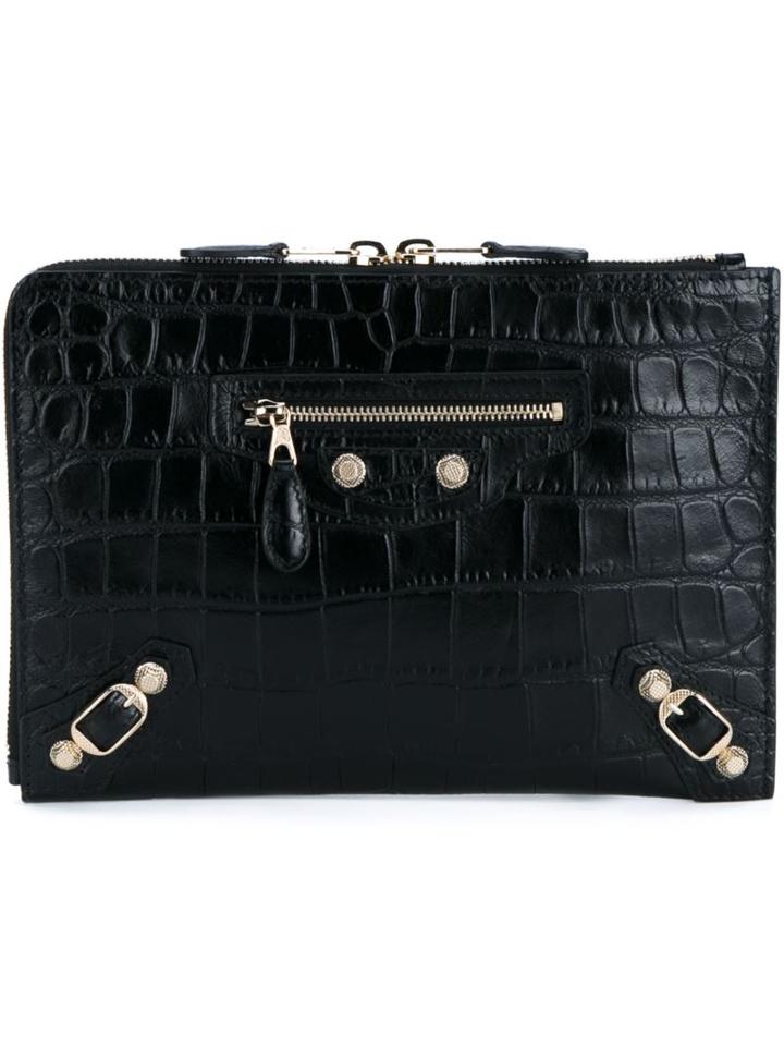Balenciaga Embossed Crocodile Effect Clutch, Women's, Black, Leather