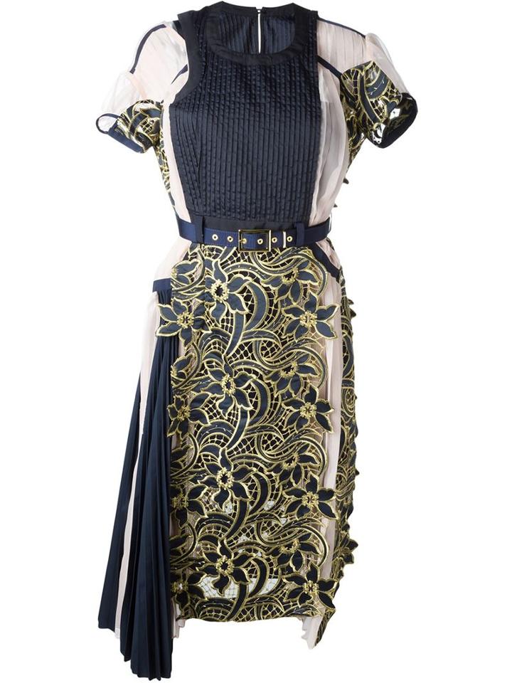 Sacai Pleated Embroidered Floral Dress