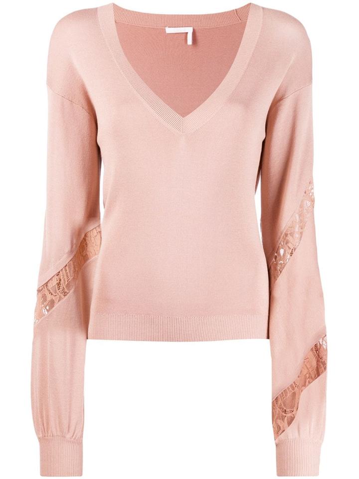 Chloé Knit And Lace V-neck Sweater - Pink
