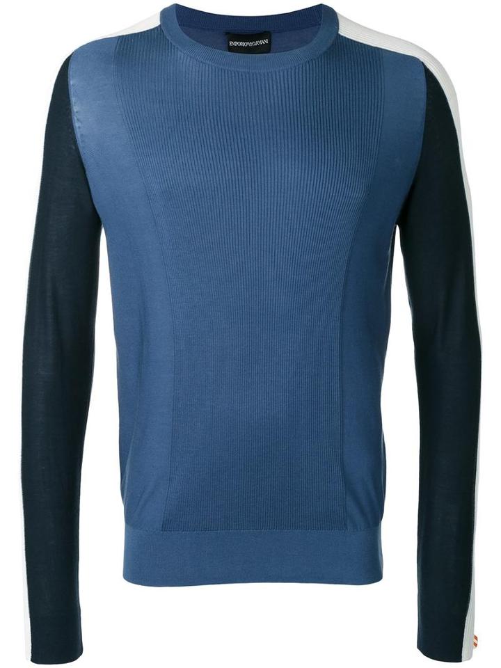Emporio Armani Colour Block Ribbed Jumper, Men's, Size: Xl, Blue, Silk/cotton