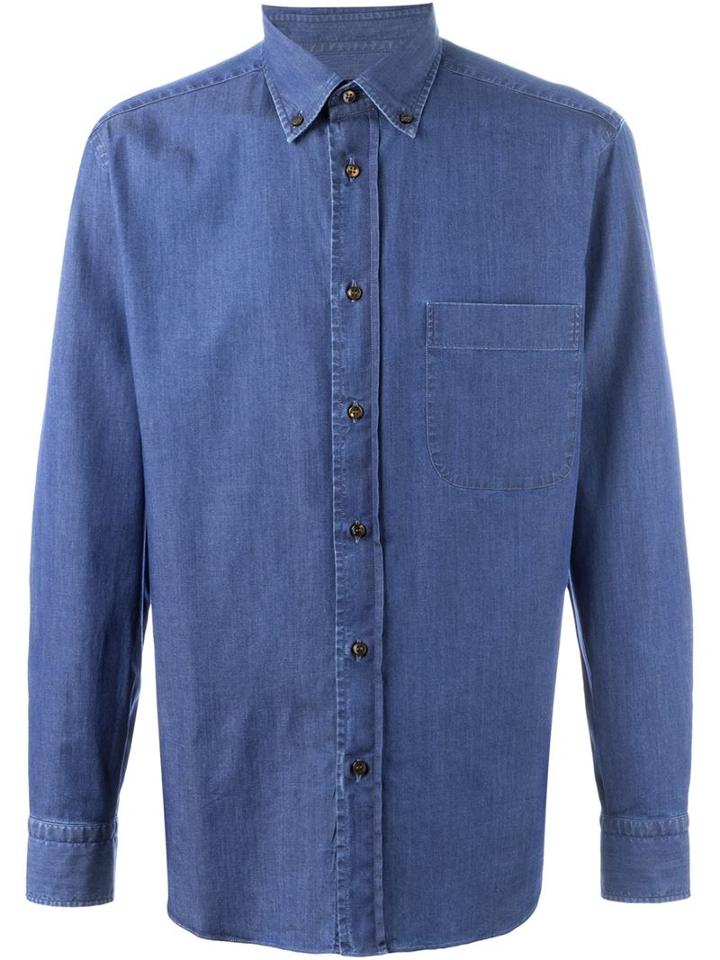 Brioni Button Down Collar Denim Shirt, Men's, Size: S, Blue, Cotton