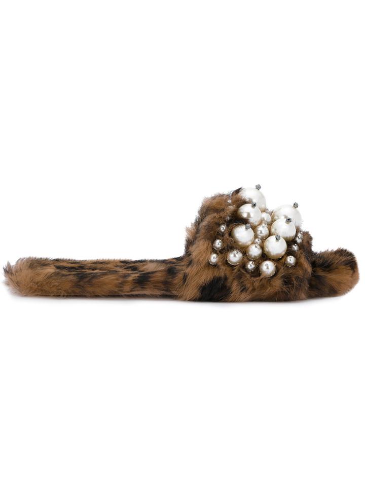 Miu Miu Leopard Print Fur Pearl Lyn Slides - Brown