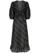 Ganni Floral Stripe Midi Dress - Black