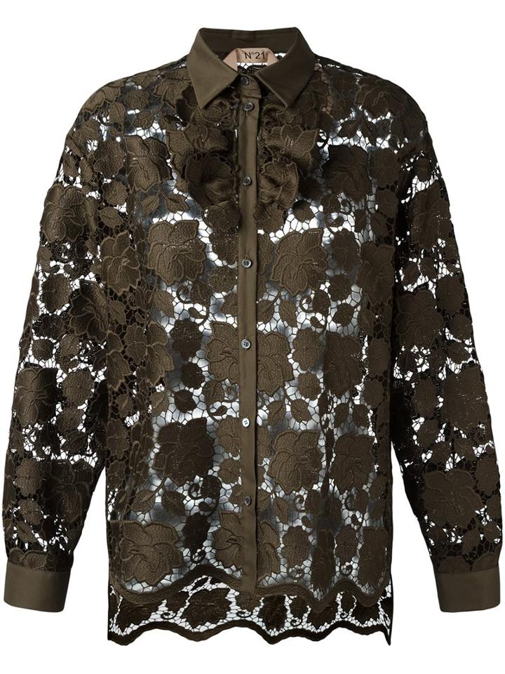 No21 Floral Lace Shirt, Women's, Size: 38, Green, Cotton/polyester