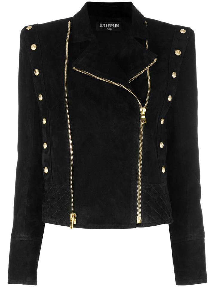 Balmain Double Zip Biker Jacket, Women's, Size: 40, Black, Cotton/lamb Skin/viscose