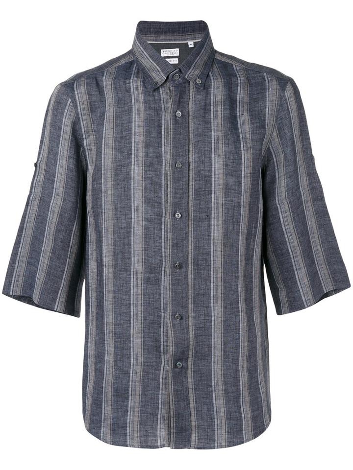 Brunello Cucinelli - Striped Short Sleeve Shirt - Men - Linen/flax - M, Grey, Linen/flax