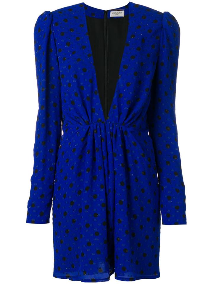 Saint Laurent Polka Dot Mini Plunge Dress - Blue