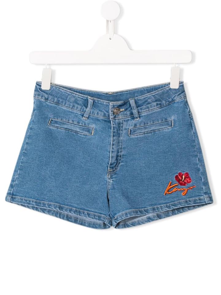 Kenzo Kids Teen Embroidered Logo Denim Shorts - Blue