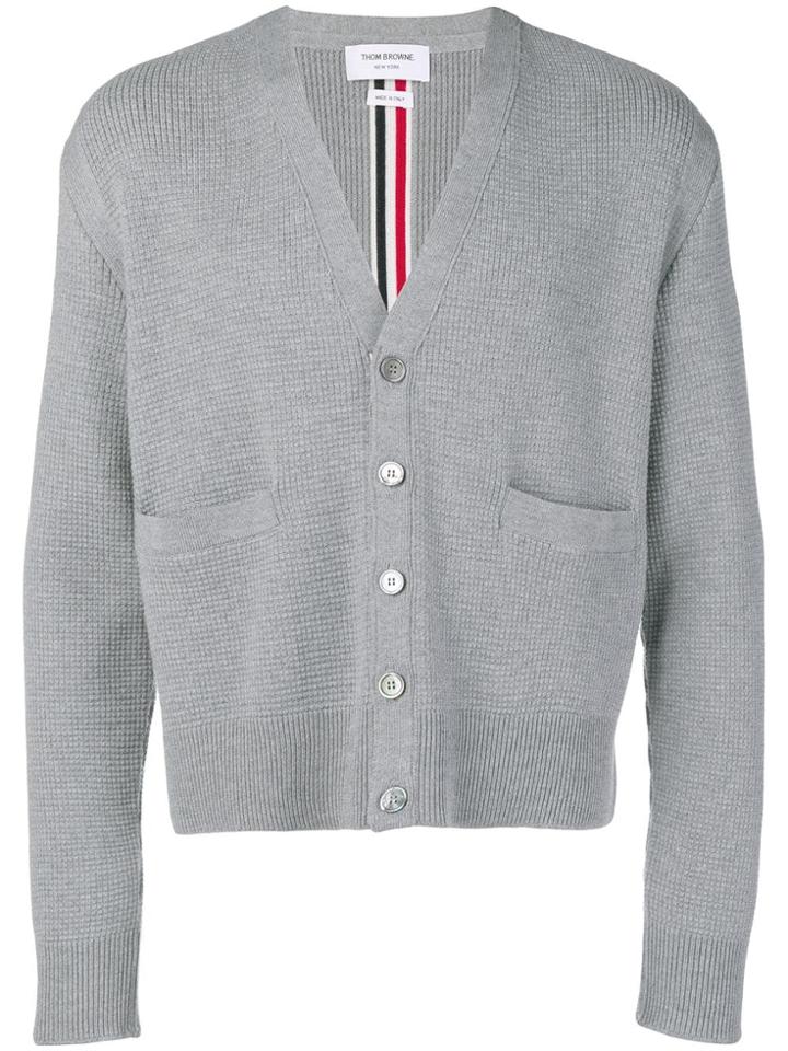 Thom Browne Center-back Rwb Stripe Boxy Cardigan - Grey
