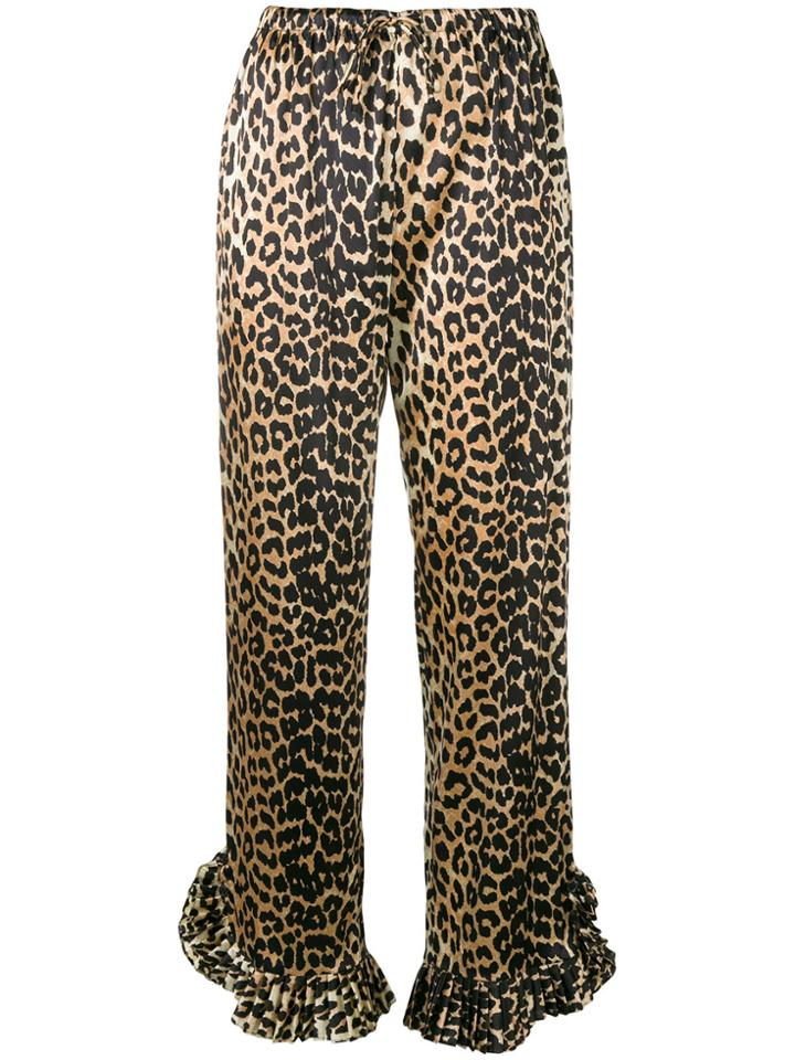 Ganni Ruffled Hem Leopard Print Trousers - Brown