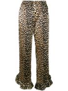 Ganni Ruffled Hem Leopard Print Trousers - Brown