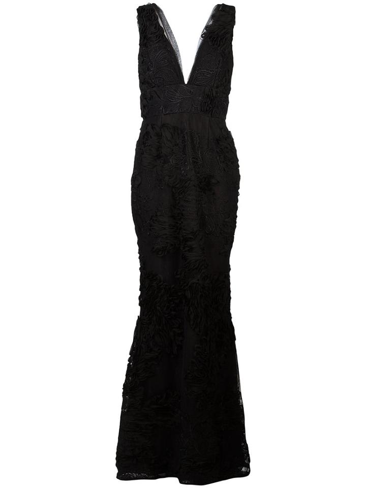 Marchesa Notte - Embroidered Plunge Gown - Women - Nylon/polyester - 10, Women's, Black, Nylon/polyester