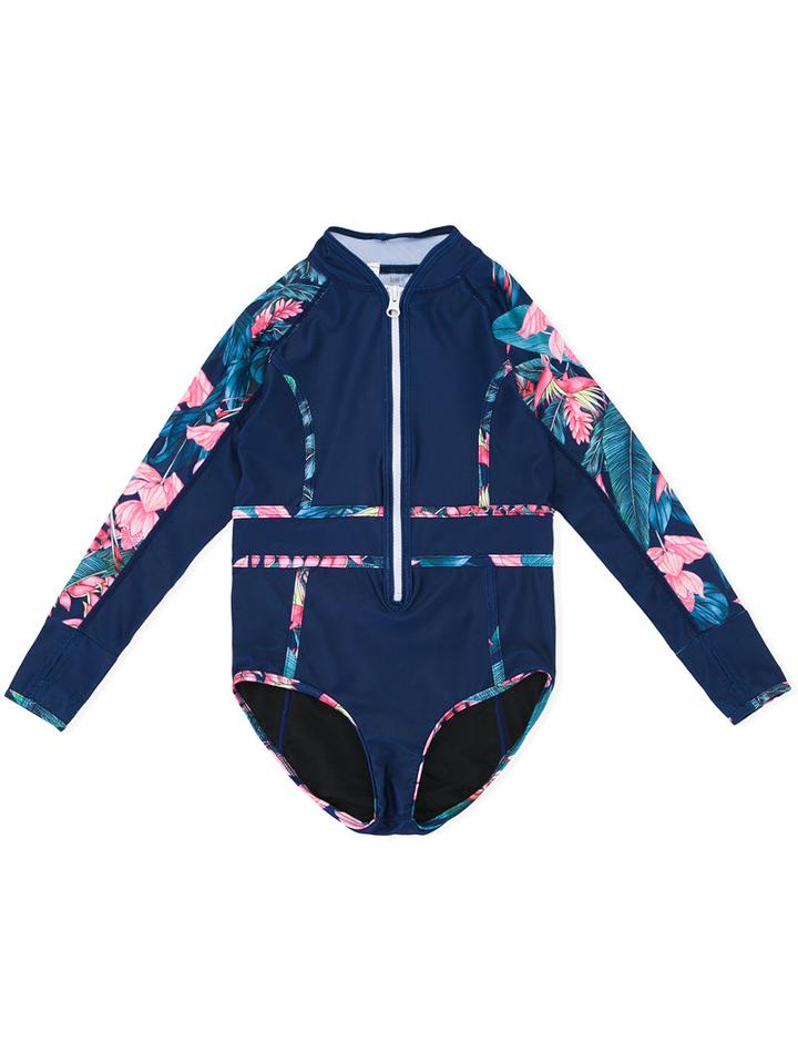 Duskii Girl - Tropical Print Long Sleeve Swimsuit - Kids - Polyester/spandex/elastane - 8 Yrs, Blue