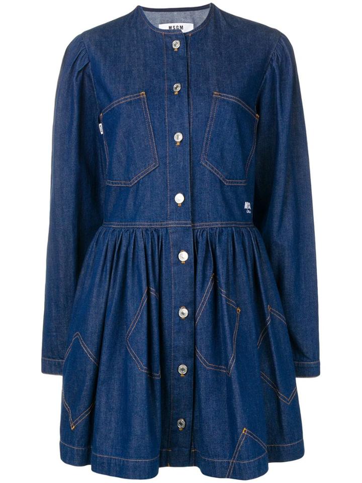 Msgm Embroidered Denim Shirt Dress - Blue