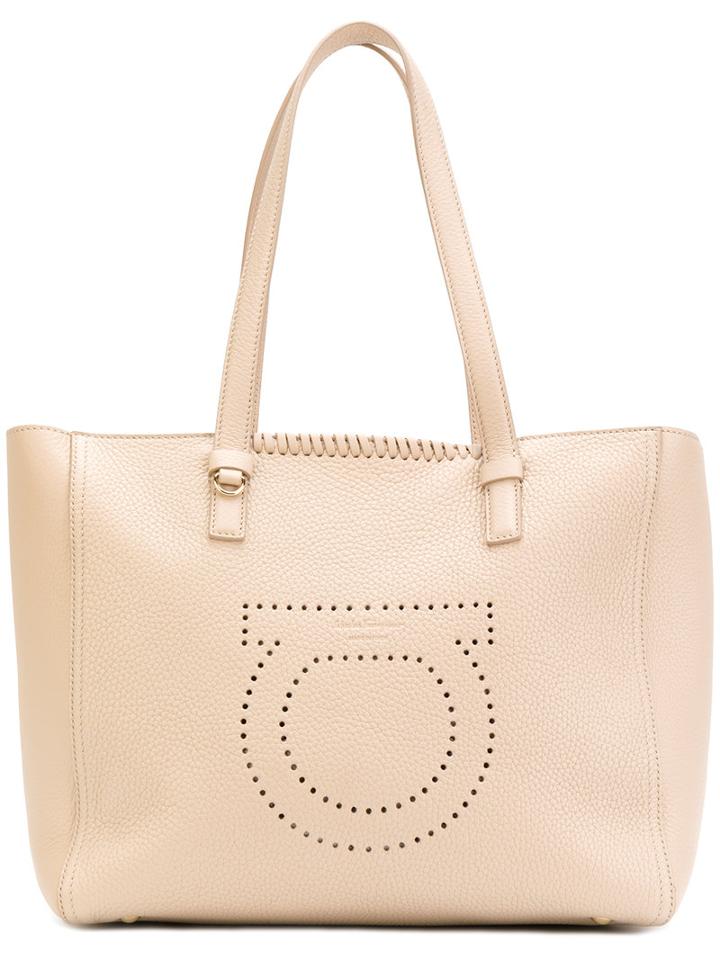Salvatore Ferragamo - Embroidered Tote - Women - Leather - One Size, Nude/neutrals, Leather
