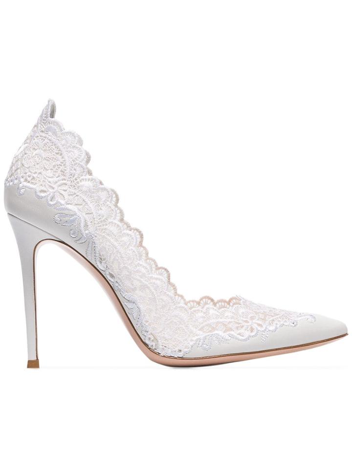 Gianvito Rossi White 105 Lace Detail Leather Pumps
